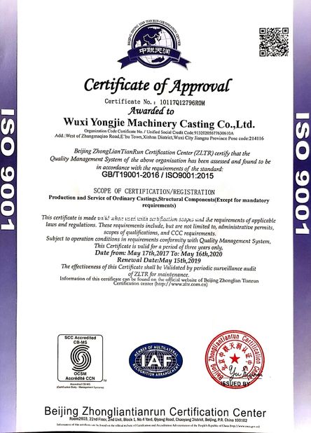 چین Wuxi Yongjie Machinery Casting Co., Ltd. گواهینامه ها